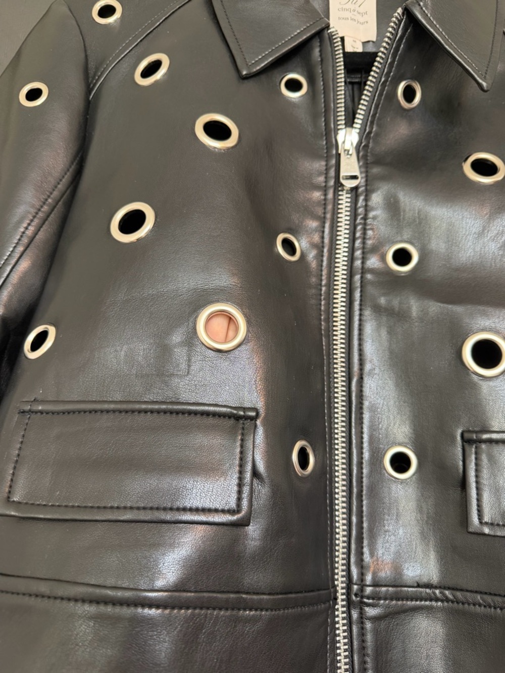 NWT Cinq a Sept Harriet Faux Leather Grommet Jacket in Black, Size Medium - Picture 5 of 11